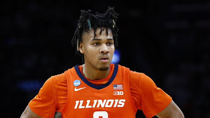 Mar 30, 2024; Boston, MA, USA; Illinois Fighting Illini guard Terrence Shannon Jr. (0) reacts against the Connecticut Huskies in the finals of the East Regional of the 2024 NCAA Tournament at TD Garden. Mandatory Credit: Winslow Townson-USA TODAY Sports