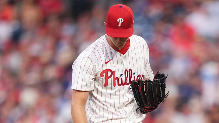 Jun 21, 2025; Philadelphia, Pennsylvania, USA; Philadelphia Phillies starting pitcher Mick Abel (40) reacts as New York Mets outfielder Juan Soto (22) rounds the bases after hitting a home run in the third inning at Citizens Bank Park. Mandatory Credit: Kyle Ross-Imagn Images