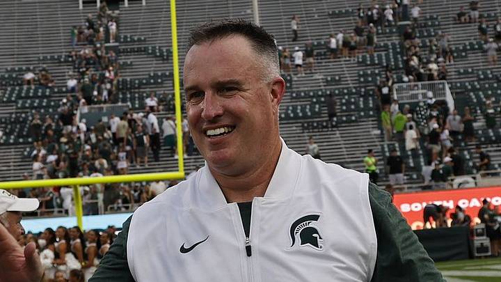 Michigan State head coach Pat Fitzgerald celebrates following a victory over Eastern Michigan at Spartan Stadium on Saturday, Sep. 12, 2026 Michigan State head coach Pat Fitzgerald celebrates following a victory over Eastern Michigan at Spartan Stadium on Saturday, Sep. 12, 2026