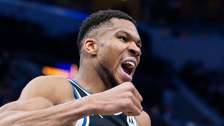 Milwaukee Bucks forward Giannis Antetokounmpo (34) celebrates a made shot in the second half against the Indiana Pacers at Gainbridge Fieldhouse on December 31, 2024.