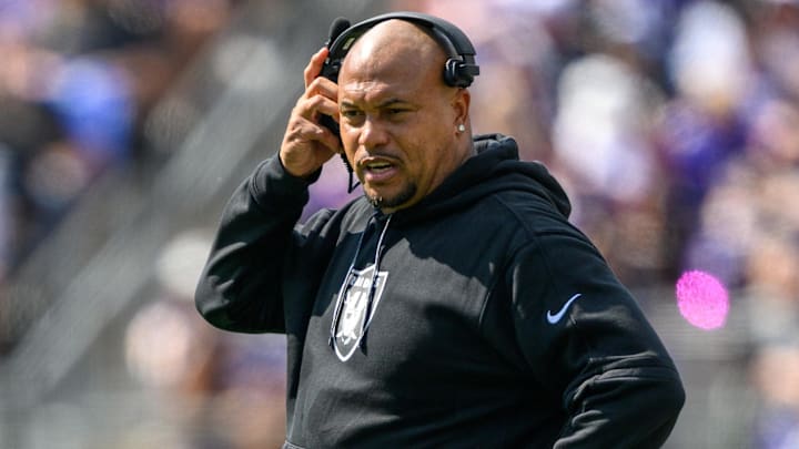 Sep 15, 2024; Baltimore, Maryland, USA; Las Vegas Raiders head coach Antonio Pierce looks on from the sideline during the first half against the Baltimore Ravens at M&T Bank Stadium. Mandatory Credit: Reggie Hildred-Imagn Images Sep 15, 2024; Baltimore, Maryland, USA; Las Vegas Raiders head coach Antonio Pierce looks on from the sideline during the first half against the Baltimore Ravens at M&T Bank Stadium. Mandatory Credit: Reggie Hildred-Imagn Images