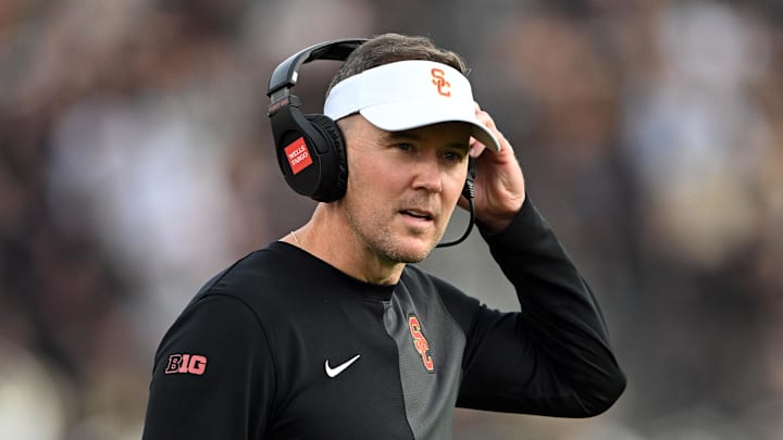Sep 13, 2025; West Lafayette, Indiana, USA; Southern California Trojans head coach Lincoln Riley stands on the sidelines during the first quarter against the Purdue Boilermakers at Ross-Ade Stadium. Mandatory Credit: Marc Lebryk-Imagn Images