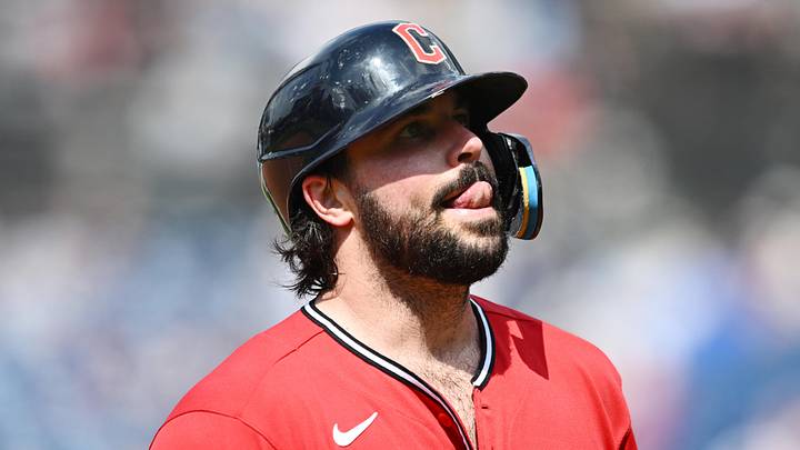 Jun 10, 2026; Cleveland, Ohio, USA; Cleveland Guardians catcher Austin Hedges (27) reacts after being thrown out at third base during the ninth inning against the New York Yankees at Progressive Field. Mandatory Credit: Ken Blaze-Imagn Images