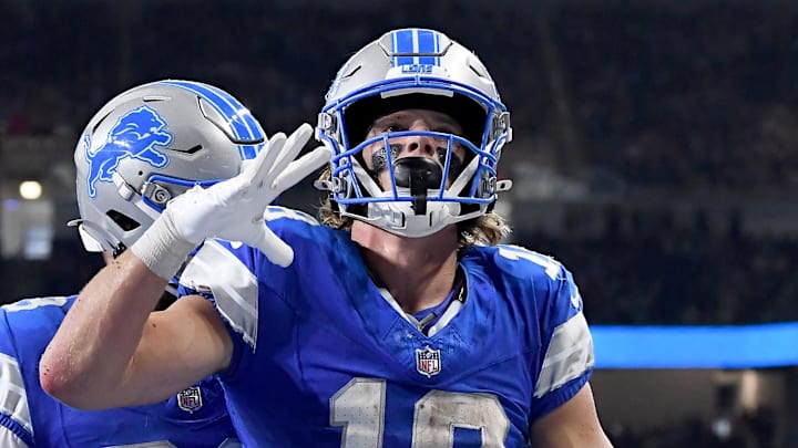 Detroit Lions wide receiver Isaac TeSlaa (18) celebrates after scoring a touchdown against the Miami Dolphins Detroit Lions wide receiver Isaac TeSlaa (18) celebrates after scoring a touchdown against the Miami Dolphins
