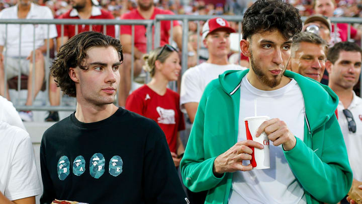 Thunder players Josh Giddey (center) and Chet Holmgren (right) attends an NCAA football game between University of Oklahoma (OU) and Iowa State at the Gaylord Family Oklahoma Memorial Stadium in Norman, Okla., on Saturday, Sept. 30, 2023. Thunder players Josh Giddey (center) and Chet Holmgren (right) attends an NCAA football game between University of Oklahoma (OU) and Iowa State at the Gaylord Family Oklahoma Memorial Stadium in Norman, Okla., on Saturday, Sept. 30, 2023.