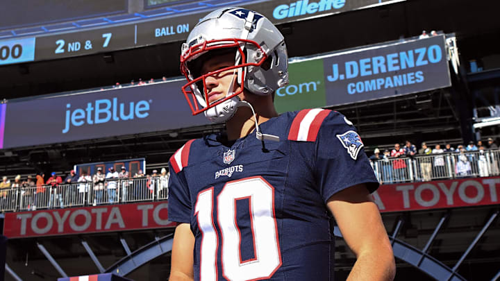 Oct 27, 2024; Foxborough, Massachusetts, USA; New England Patriots quarterback Drake Maye (10) walks onto the field before a game against the New York Jets at Gillette Stadium. Mandatory Credit: Brian Fluharty-Imagn Images