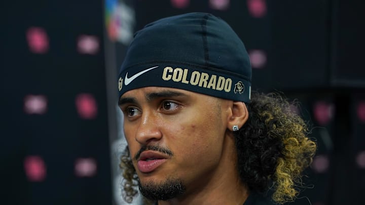 Jul 9, 2025; Frisco, TX, USA; Colorado quarterback Julian Lewis speaks with the media during 2025 Big 12 Football Media Days at The Star. Jul 9, 2025; Frisco, TX, USA; Colorado quarterback Julian Lewis speaks with the media during 2025 Big 12 Football Media Days at The Star.
