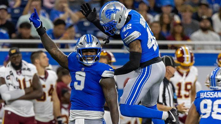 Detroit Lions defensive end Derrick Moore (9) celebrates his sack on Washington Commanders quarterback Sam Hartman (15) Detroit Lions defensive end Derrick Moore (9) celebrates his sack on Washington Commanders quarterback Sam Hartman (15)