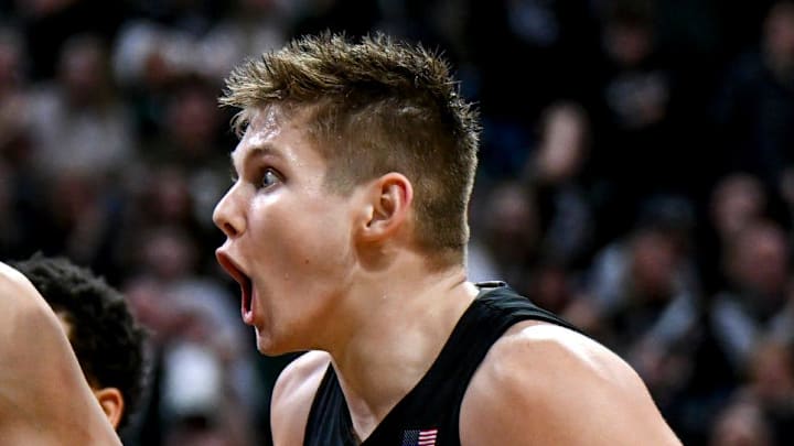 Michigan State's Jaxon Kohler, right, celebrates after Coen Carr's dunk against USC during the second half on Monday, Jan. 5, 2026, at the Breslin Center in East Lansing.