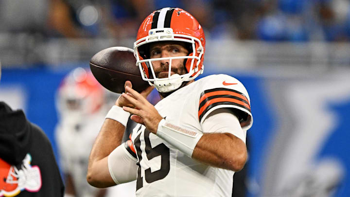 Sep 28, 2025; Detroit, Michigan, USA; Cleveland Browns quarterback Joe Flacco (15) warms up before the game against the Detroit Lions at Ford Field. Mandatory Credit: Lon Horwedel-Imagn Images