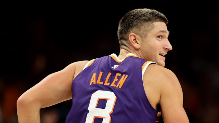 Nov 10, 2025; Phoenix, Arizona, USA; Detailed view of the jersey of Phoenix Suns guard Grayson Allen (8) against the New Orleans Pelicans at the Mortgage Matchup Center. Mandatory Credit: Mark J. Rebilas-Imagn Images
