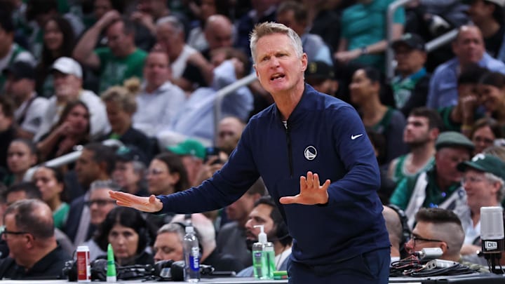 Nov 6, 2024; Boston, Massachusetts, USA; Golden State Warriors head coach Steve Kerr reacts during the first half against the Boston Celtics at TD Garden. Mandatory Credit: Paul Rutherford-Imagn Images