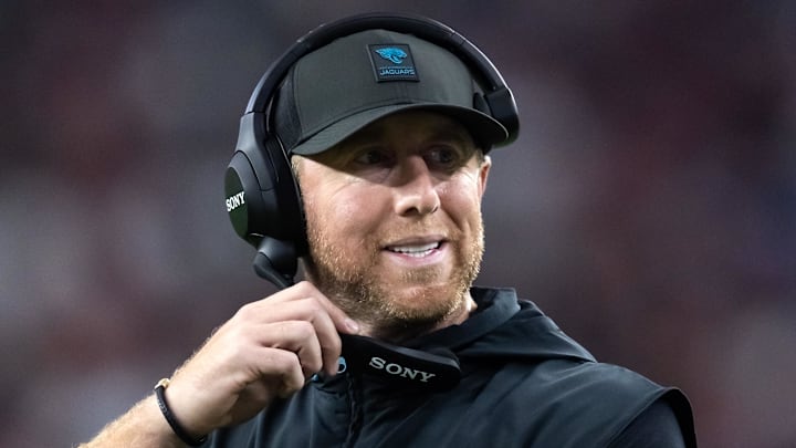 Nov 23, 2025; Glendale, Arizona, USA; Jacksonville Jaguars head coach Liam Coen against the Arizona Cardinals at State Farm Stadium. Mandatory Credit: Mark J. Rebilas-Imagn Images