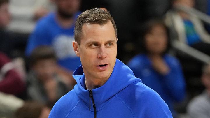 Mar 18, 2026; Greenville, SC, USA; Duke Blue Devils head coach Jon Scheyer during a practice session ahead of the first round of the men's 2026 NCAA Tournament at Bon Secours Wellness Arena. Mandatory Credit: Bob Donnan-Imagn Images