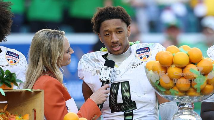 Oregon Ducks defensive back Brandon Finney (4) is interviewed by. ESPN’s Katie George following the 2025 Orange Bowl and quarterfinal game of the College Football Playoff against the Texas Tech Red Raiders at Hard Rock Stadium. Mandatory Credit: Nathan Ray Seebeck-Imagn Images Oregon Ducks defensive back Brandon Finney (4) is interviewed by. ESPN’s Katie George following the 2025 Orange Bowl and quarterfinal game of the College Football Playoff against the Texas Tech Red Raiders at Hard Rock Stadium. Mandatory Credit: Nathan Ray Seebeck-Imagn Images