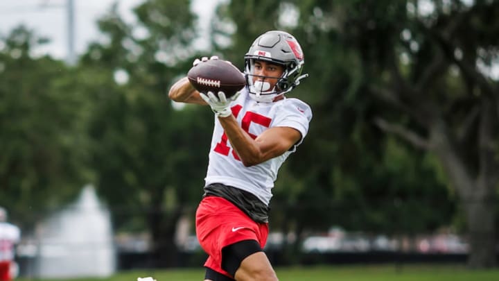 Buccaneers WR Jalen McMillan (15) at mandatory minicamp. Courtesy of the Tori Richman and the Tampa Bay Buccaneers Buccaneers WR Jalen McMillan (15) at mandatory minicamp. Courtesy of the Tori Richman and the Tampa Bay Buccaneers