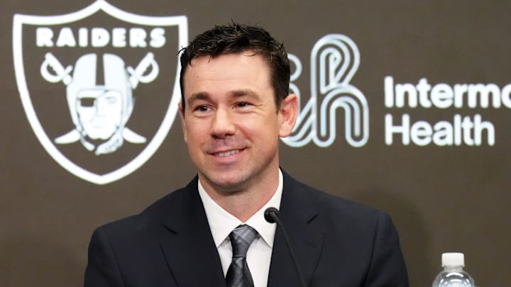 Feb 10, 2026; Henderson, NV, USA; Las Vegas Raiders coach Klint Kubiak speaks at introductory press conference at Intermountain Health Performance Center. Mandatory Credit: Kirby Lee-Imagn Images Feb 10, 2026; Henderson, NV, USA; Las Vegas Raiders coach Klint Kubiak speaks at introductory press conference at Intermountain Health Performance Center. Mandatory Credit: Kirby Lee-Imagn Images