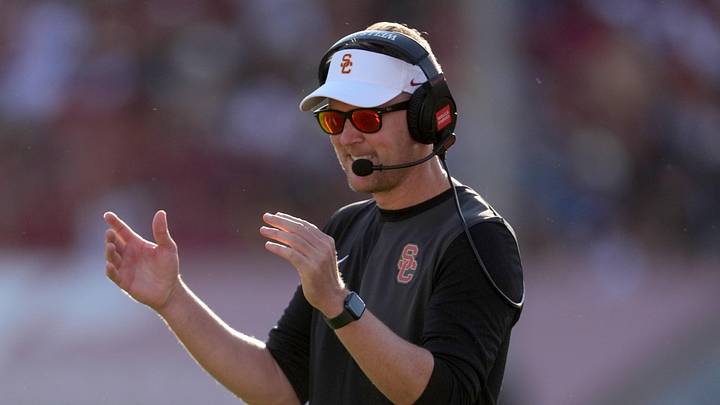 Aug 30, 2025; Los Angeles, California, USA; Southern California Trojans head coach Lincoln Riley watches from the sidelines against the Missouri State Bears in the first half at United Airlines Field at Los Angeles Memorial Coliseum. Aug 30, 2025; Los Angeles, California, USA; Southern California Trojans head coach Lincoln Riley watches from the sidelines against the Missouri State Bears in the first half at United Airlines Field at Los Angeles Memorial Coliseum.