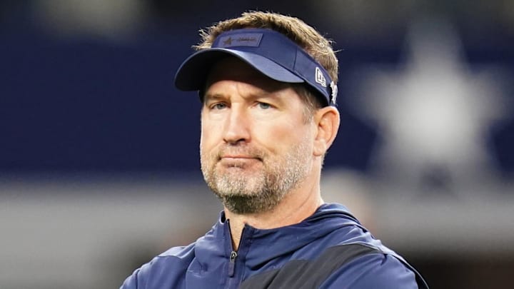 Dec 14, 2025; Arlington, Texas, USA; Dallas Cowboys head coach Brian Schottenheimer before a game against the Minnesota Vikings at AT&T Stadium. Mandatory Credit: Raymond Carlin III-Imagn Images