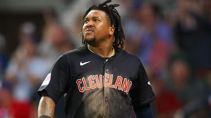 Apr 27, 2024; Atlanta, Georgia, USA; Cleveland Guardians third baseman Jose Ramirez (11) reacts after being tagged out at home against the Atlanta Braves in the sixth inning at Truist Park. Mandatory Credit: Brett Davis-Imagn Images