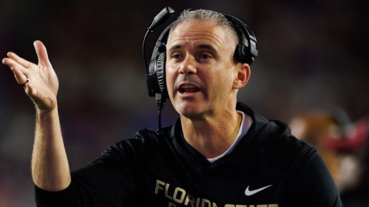 Nov 29, 2025; Gainesville, Florida, USA; Florida State Seminoles head coach Mike Norvell gestures against the Florida Gators during the second half at Ben Hill Griffin Stadium. Mandatory Credit: Matt Pendleton-Imagn Images