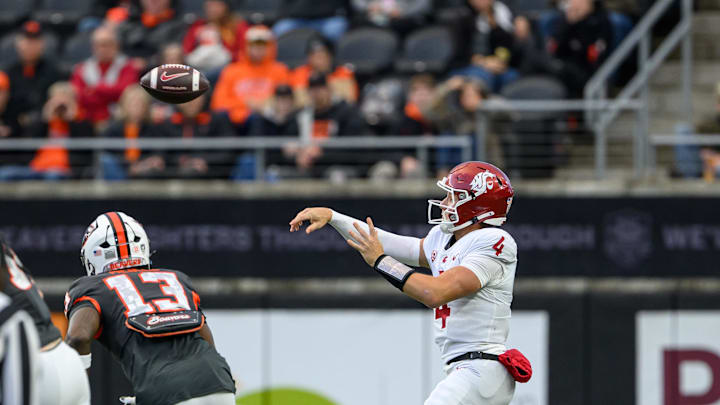 Nov 1, 2025; Corvallis, Oregon, USA; Washington State Cougars quarterback Zevi Eckhaus (4) throws a pass during the second quarter against the Oregon State Beavers at Reser Stadium. Mandatory Credit: Craig Strobeck-Imagn Images