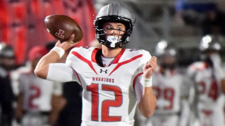 Thompson's quarterback Trent Seaborn (12) passes against Prattville during their game in Prattville, Ala., on Friday October 24, 2025. Thompson's quarterback Trent Seaborn (12) passes against Prattville during their game in Prattville, Ala., on Friday October 24, 2025.