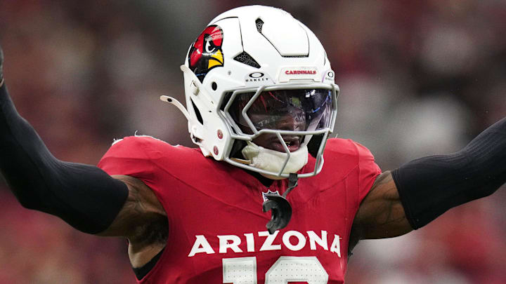 Arizona Cardinals cornerback Kei'Trel Clark (13) celebrates his pass deflection against the Carolina Panthers at State Farm Stadium on Sept 14, 2025.