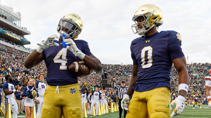 Notre Dame running back Jeremiyah Love and wide receiver Malachi Fields Notre Dame running back Jeremiyah Love and wide receiver Malachi Fields