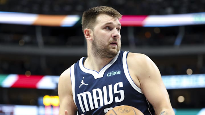 Nov 8, 2024; Dallas, Texas, USA;  Dallas Mavericks guard Luka Doncic (77) looks to score during the first quarter against the Phoenix Suns at American Airlines Center. Mandatory Credit: Kevin Jairaj-Imagn Images