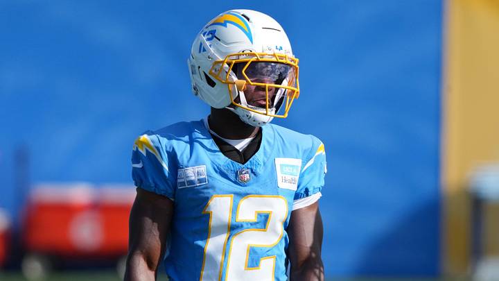 Jul 25, 2025; El Segundo, CA, USA; Los Angeles Chargers receiver Derius Davis (12) during training camp at The Bolt. Mandatory Credit: Kirby Lee-Imagn Images Jul 25, 2025; El Segundo, CA, USA; Los Angeles Chargers receiver Derius Davis (12) during training camp at The Bolt. Mandatory Credit: Kirby Lee-Imagn Images