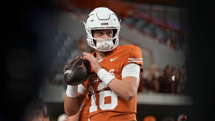Nov 28, 2025; Austin, Texas, USA; Texas Longhorns quarterback Arch Manning warms up before a game against the Texas A&M Aggies at Darrell K Royal-Texas Memorial Stadium. Mandatory Credit: Scott Wachter-Imagn Images