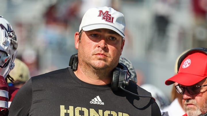 Mississippi State Bulldogs head coach Jeff Lebby looks on against the Georgia Bulldogs during the second half at Davis Wade Stadium at Scott Field. Mississippi State Bulldogs head coach Jeff Lebby looks on against the Georgia Bulldogs during the second half at Davis Wade Stadium at Scott Field.
