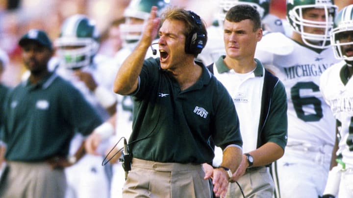 Oct 16, 1999; Wabash, IN, USA; FILE PHOTO; Michigan State Spartans head coach Nick Saban on the sidelines during the game against the Purdue Boilermakers at Ross-Ade Stadium. Mandatory Credit: RVR Photos-Imagn Images 