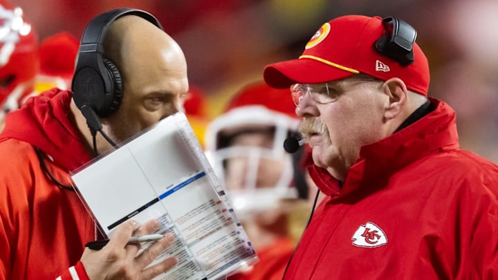 Jan 26, 2025; Kansas City, MO, USA; Kansas City Chiefs offensive coordinator Matt Nagy (left) and head coach Andy Reid against the Buffalo Bills during the AFC Championship game at GEHA Field at Arrowhead Stadium. Mandatory Credit: Mark J. Rebilas-Imagn Images Jan 26, 2025; Kansas City, MO, USA; Kansas City Chiefs offensive coordinator Matt Nagy (left) and head coach Andy Reid against the Buffalo Bills during the AFC Championship game at GEHA Field at Arrowhead Stadium. Mandatory Credit: Mark J. Rebilas-Imagn Images