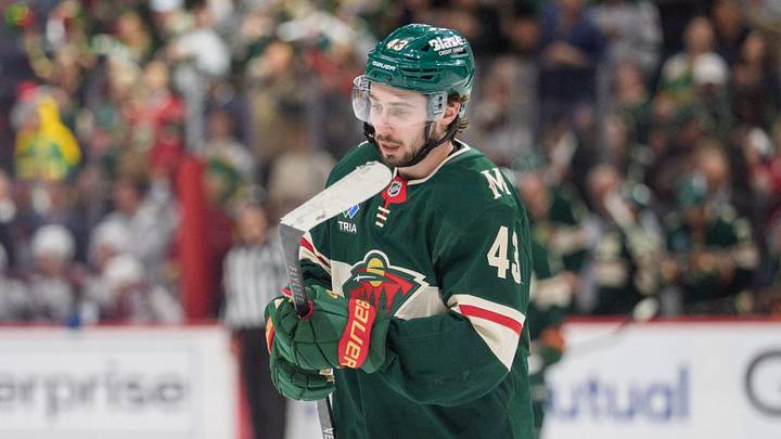 May 9, 2026; Saint Paul, Minnesota, USA; Minnesota Wild defenseman Quinn Hughes (43) skates after scoring against the Colorado Avalanche in the first period of game three of the second round of the 2026 Stanley Cup Playoffs at Grand Casino Arena. Mandatory Credit: Matt Blewett-Imagn Images May 9, 2026; Saint Paul, Minnesota, USA; Minnesota Wild defenseman Quinn Hughes (43) skates after scoring against the Colorado Avalanche in the first period of game three of the second round of the 2026 Stanley Cup Playoffs at Grand Casino Arena. Mandatory Credit: Matt Blewett-Imagn Images