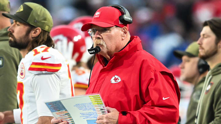 Nov 2, 2025; Orchard Park, New York, USA; Kansas City Chiefs head coach Andy Reid looks on in the second quarter against the Buffalo Bills at Highmark Stadium. Mandatory Credit: Mark Konezny-Imagn Images