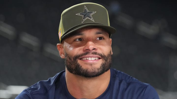 Nov 17, 2025; Paradise, Nevada, USA; Dallas Cowboys quarterback Dak Prescott (4) is interviewed on the ESPN set following a game against Las Vegas Raiders at Allegiant Stadium. Mandatory Credit: Kirby Lee-Imagn Images