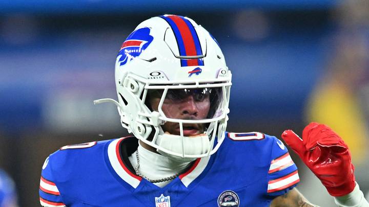 Sep 17, 2026; Orchard Park, New York, USA;  Buffalo Bills wide receiver Keon Coleman (0) runs against the Detroit Lions during the first half at New Highmark Stadium.  Mandatory Credit: Mark Konezny-Imagn Images