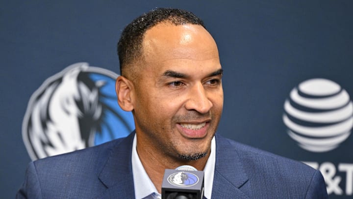 Jun 27, 2025; Dallas, TX, USA; Dallas Mavericks general manager Nico Harrison speaks to the media at the Dallas Mavericks Practice Facility. Mandatory Credit: Jerome Miron-Imagn Images