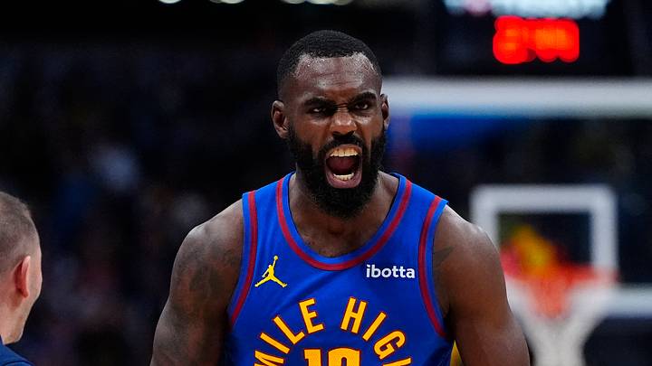 Mar 22, 2026; Denver, Colorado, USA; Denver Nuggets guard Tim Hardaway Jr. (10) reacts in the second half against the Portland Trail Blazers at Ball Arena. Mandatory Credit: Ron Chenoy-Imagn Images