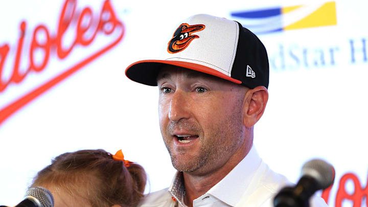 Nov 4, 2025; Baltimore, MD, USA; Craig Albernaz is introduced as the new Baltimore Orioles manager at Warehouse Bar. Mandatory Credit: Daniel Kucin Jr.-Imagn Images