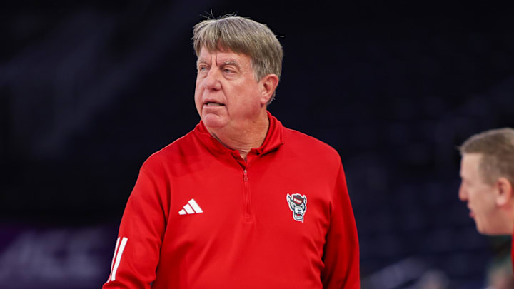 Mar 6, 2026; Duluth, GA, USA; North Carolina State Wolfpack head coach Wes Moore on the sideline against the Notre Dame Fighting Irish in the second quarter at Gas South Arena. Mandatory Credit: Brett Davis-Imagn Images