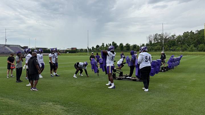 Vikings defensive linemen do drills during OTA practice on Thursday, June 4 