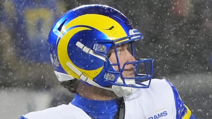 Jan 18, 2026; Chicago, IL, USA; Los Angeles Rams quarterback Matthew Stafford (9) throws a pass against the Chicago Bears during the second quarter of an NFC Divisional Round game at Soldier Field. Mandatory Credit: David Banks-Imagn Images