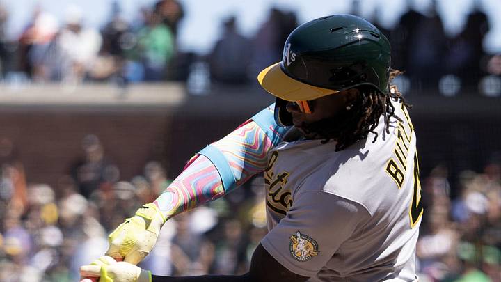 Jun 25, 2026; San Francisco, California, USA; Athletics right fielder Lawrence Butler (4) connects for a RBI single against the San Francisco Giants during the ninth inning at Oracle Park. Mandatory Credit: D. Ross Cameron-Imagn Images Jun 25, 2026; San Francisco, California, USA; Athletics right fielder Lawrence Butler (4) connects for a RBI single against the San Francisco Giants during the ninth inning at Oracle Park. Mandatory Credit: D. Ross Cameron-Imagn Images