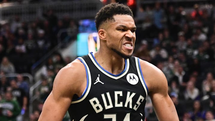 Nov 7, 2025; Milwaukee, Wisconsin, USA; Milwaukee Bucks forward Giannis Antetokounmpo (34) reacts after scoring a basket in the 3rd quarter against the Chicago Bulls at Fiserv Forum. Mandatory Credit: Benny Sieu-Imagn Images Nov 7, 2025; Milwaukee, Wisconsin, USA; Milwaukee Bucks forward Giannis Antetokounmpo (34) reacts after scoring a basket in the 3rd quarter against the Chicago Bulls at Fiserv Forum. Mandatory Credit: Benny Sieu-Imagn Images