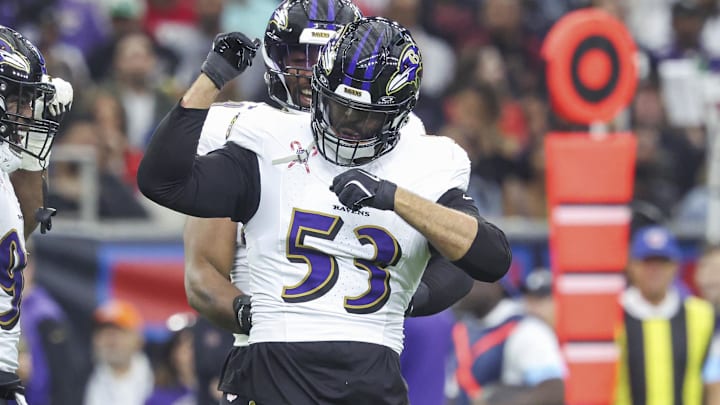 Dec 15, 2024; Houston, Texas, USA; Baltimore Ravens linebacker Kyle Van Noy (53) celebrates after sacking Houston Texans quarterback C.J. Stroud (7) during the first quarter at NRG Stadium. Mandatory Credit: Troy Taormina-Imagn Images