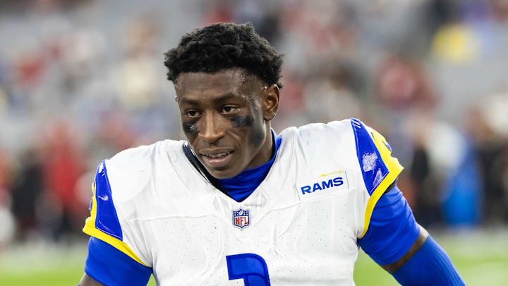 Dec 7, 2025; Glendale, Arizona, USA; Los Angeles Rams cornerback Emmanuel Forbes Jr. (1) against the Arizona Cardinals at State Farm Stadium. Mandatory Credit: Mark J. Rebilas-Imagn Images Dec 7, 2025; Glendale, Arizona, USA; Los Angeles Rams cornerback Emmanuel Forbes Jr. (1) against the Arizona Cardinals at State Farm Stadium. Mandatory Credit: Mark J. Rebilas-Imagn Images