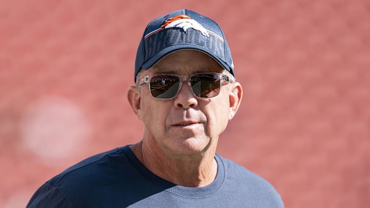 August 9, 2025; Santa Clara, California, USA; Denver Broncos head coach Sean Payton watches warm ups before the game against the San Francisco 49ers at Levi's Stadium. Mandatory Credit: Kyle Terada-Imagn Images
